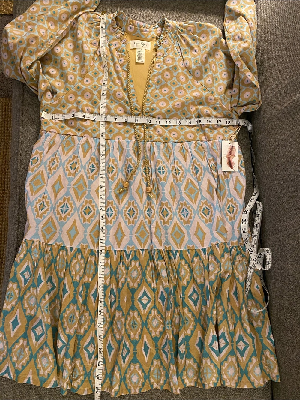 NWT Jessica Simpson Teal & White Patterned Tiered Mini Dress Size M 100% Cotton - Picture 3 of 8